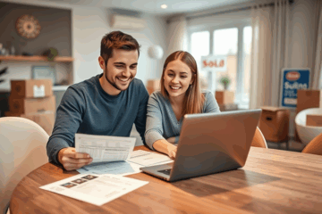 A couple discussing options for a quick personal loan to buy their new house.